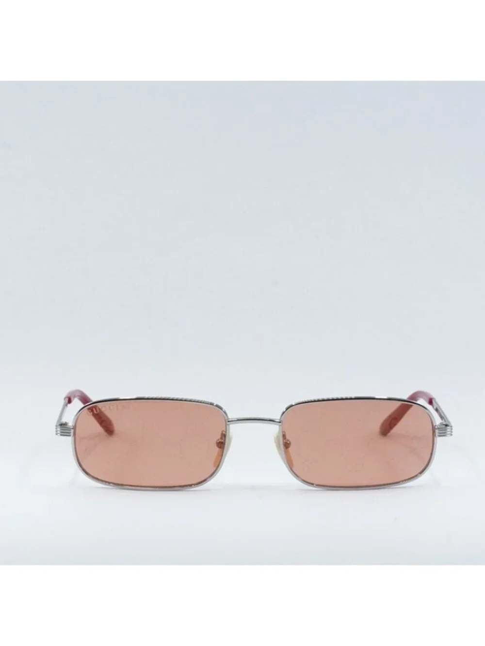 Gucci GG1457S 004 Sunglasses Silver Rectangle Frame, Red Lenses